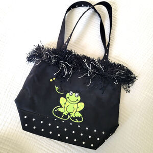 Y2K Black Handbag Purse Frog Embroidery Polka Dot Fringe Maximalist Quirky